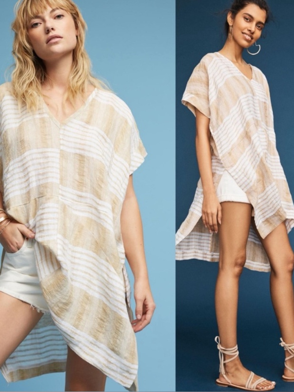 Anthropologie Akemi - Kin Lightweight Striped Tunic Top - White & Beige Size M